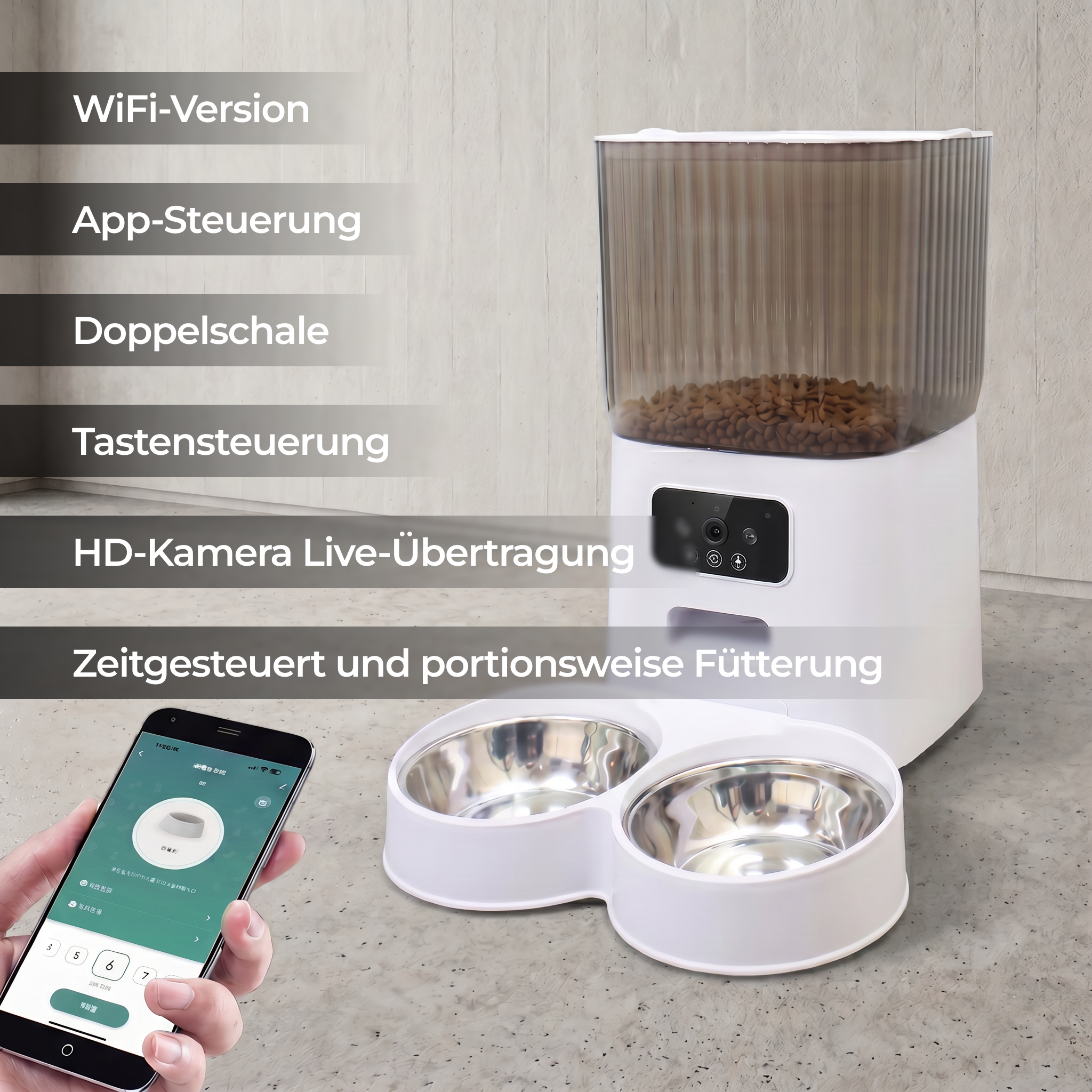 Automatischer 5L Futterautomat für Haustiere mit Kamera